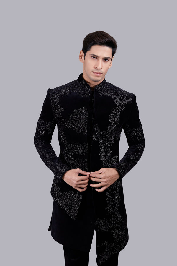 B More BLACK ITALIAN COTTON VELVET RESHAM WORK INDO WESTERN