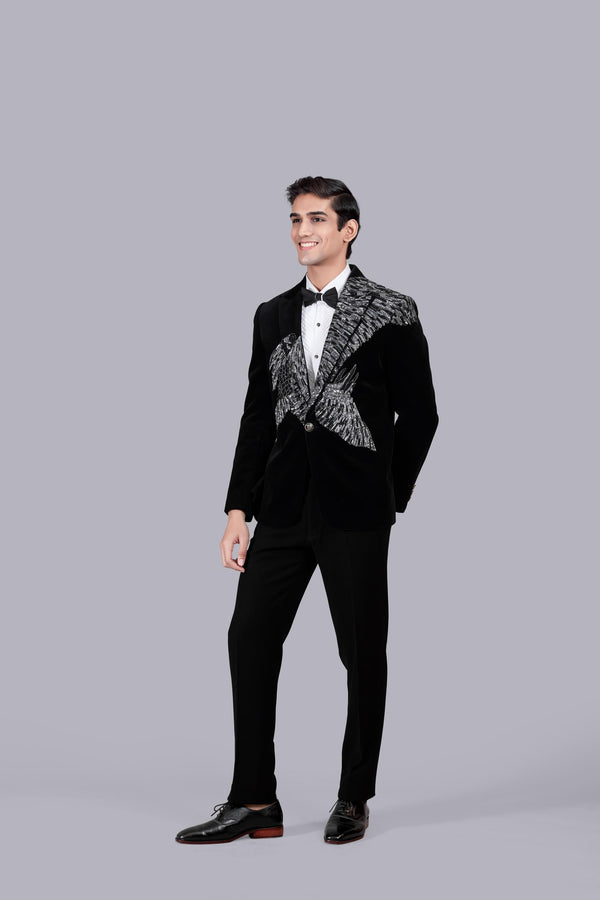 B More BLACK ITALIAN COTTON VELVET SEQUENCE WORK SUIT