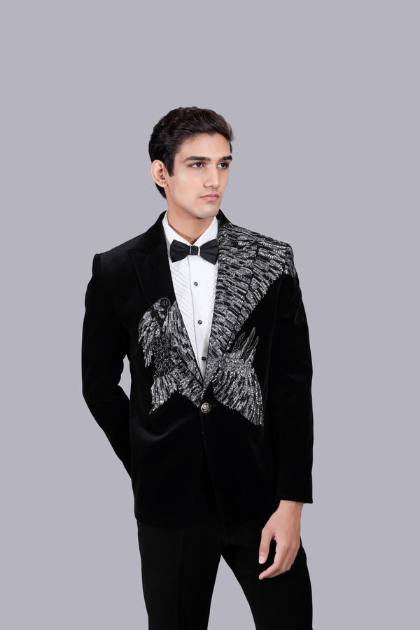 B More BLACK ITALIAN COTTON VELVET SEQUENCE WORK SUIT