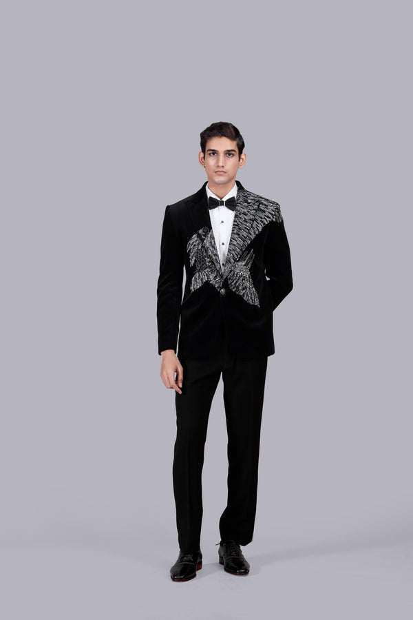 b more BLACK ITALIAN COTTON VELVET SEQUENCE WORK SUIT