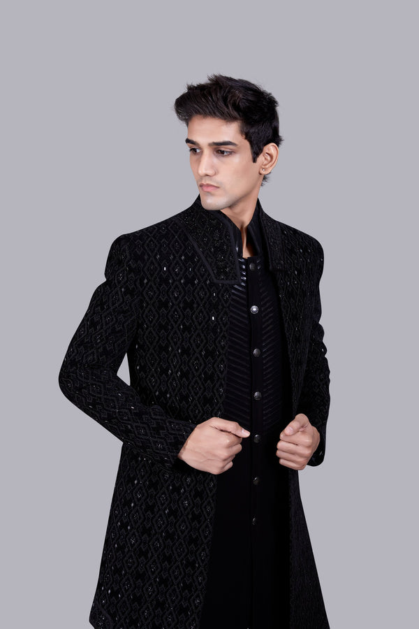 B More BLACK ITALIAN COTTON VELVET THREAD WORK INDO WESTERN