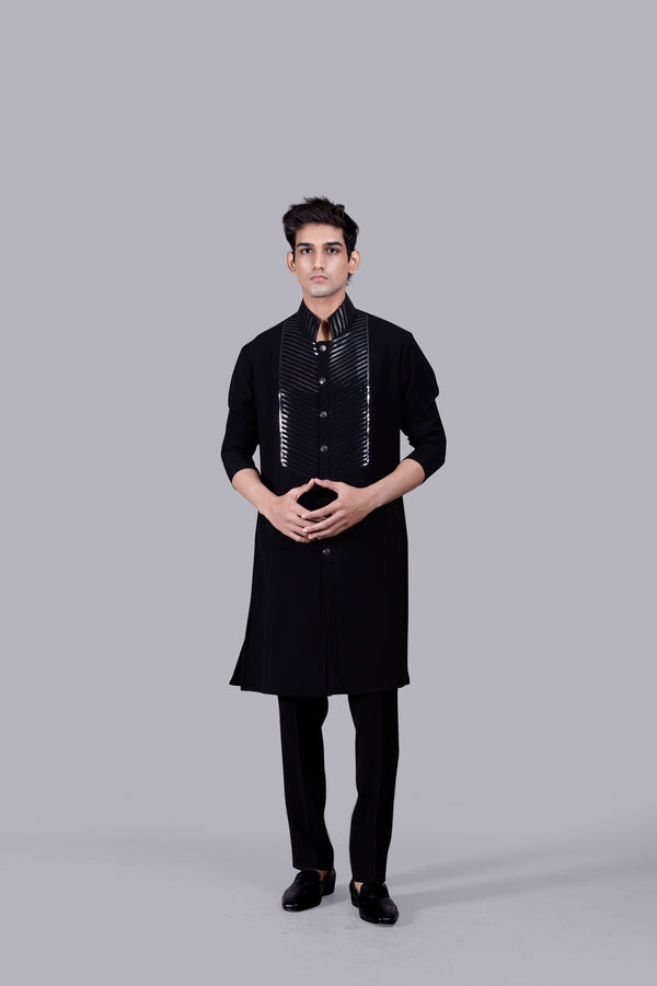 B More BLACK ITALIAN COTTON VELVET THREAD WORK INDO WESTERN