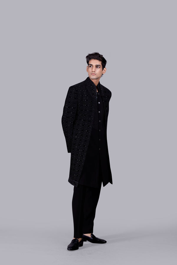 B More BLACK ITALIAN COTTON VELVET THREAD WORK INDO WESTERN