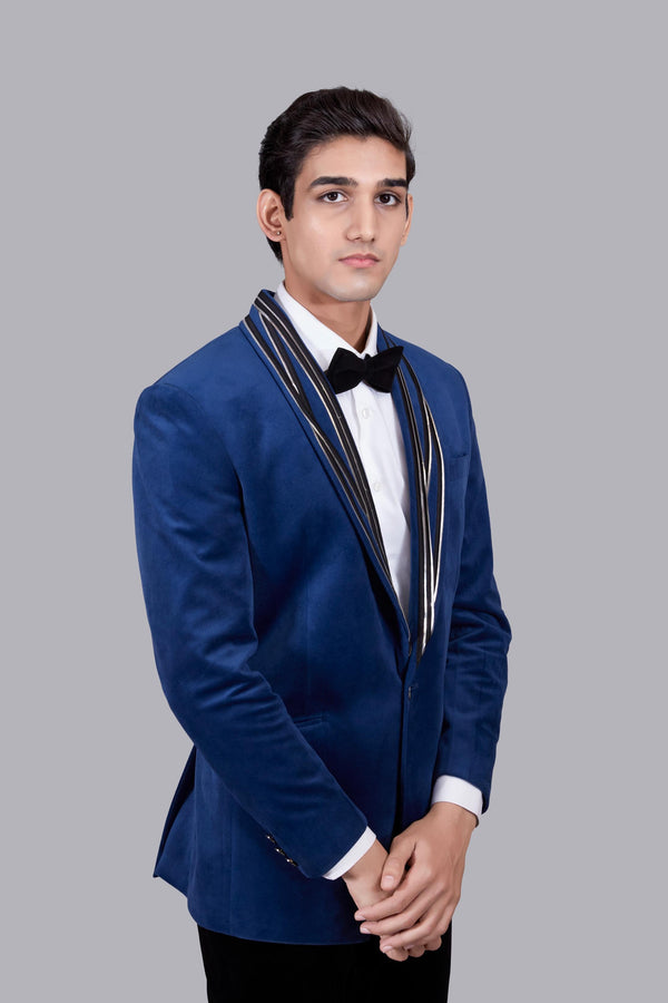 B More BLUE ITALIAN COTTON VELVET LEATHER PIPING SUIT