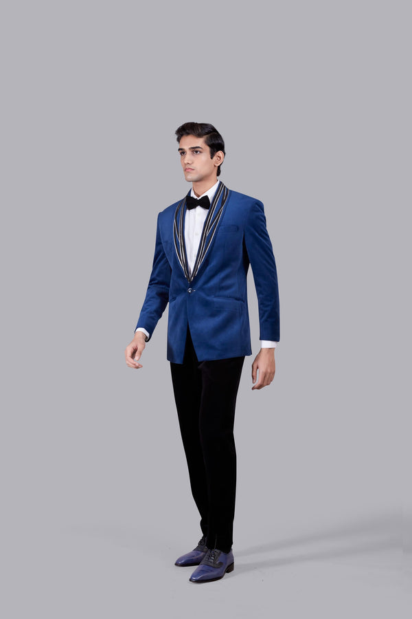 B More BLUE ITALIAN COTTON VELVET LEATHER PIPING SUIT