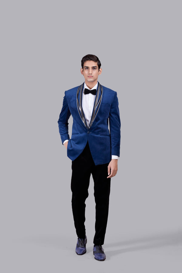 b more BLUE ITALIAN COTTON VELVET LEATHER PIPING SUIT