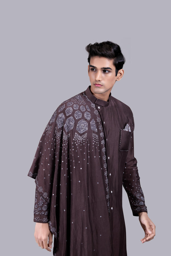 B More CHOCOLATE BROWN PURE LINEN SILK THREAD WORK KURTA SET