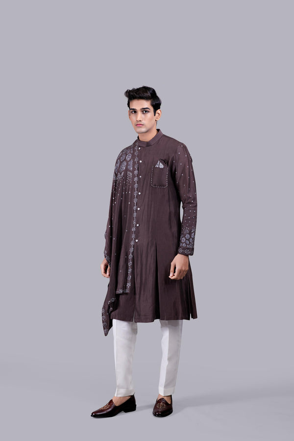 B More CHOCOLATE BROWN PURE LINEN SILK THREAD WORK KURTA SET