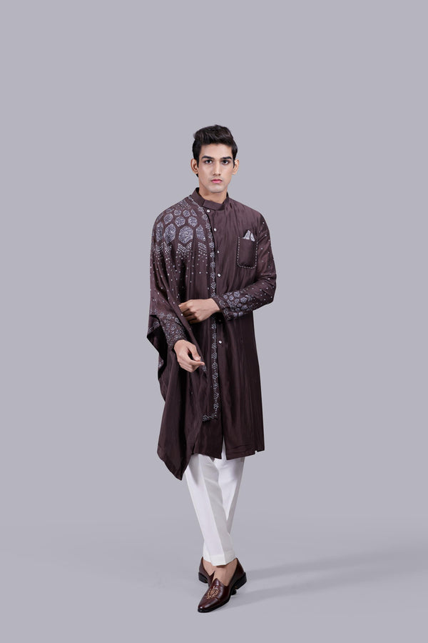b more CHOCOLATE BROWN PURE LINEN SILK THREAD WORK KURTA SET