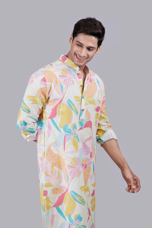 B More Cream And Multi-colored Digital Print Linen Kurta Set