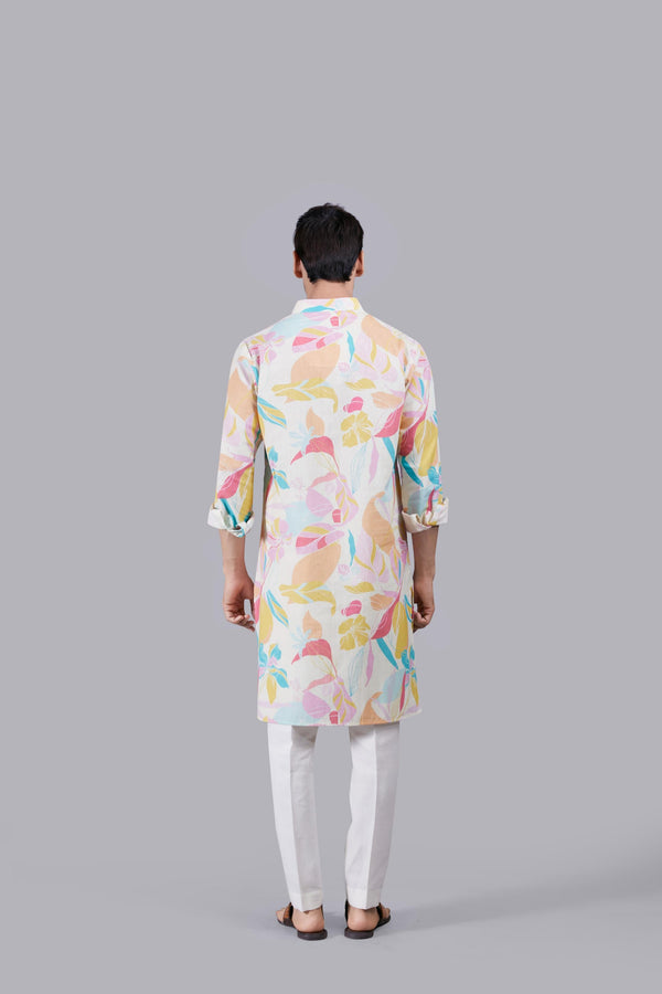 B More Cream And Multi-colored Digital Print Linen Kurta Set