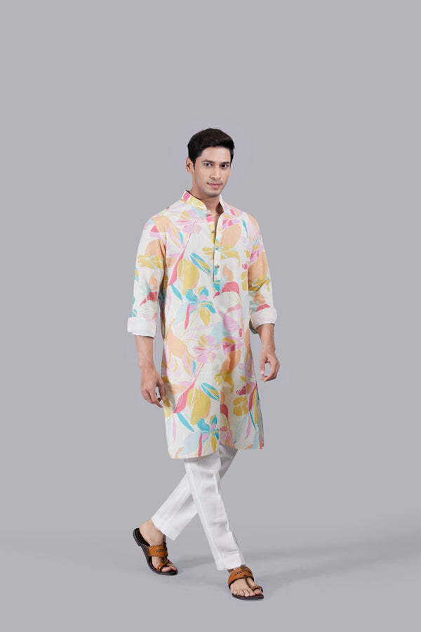 B More Cream And Multi-colored Digital Print Linen Kurta Set
