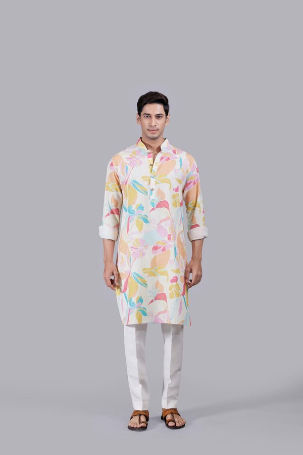 b more Cream and Multi-colored Digital Print Linen Kurta Set