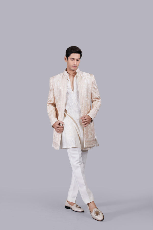 B More CREAM CHANDERI SILK THREAD WORK INDO WESTERN