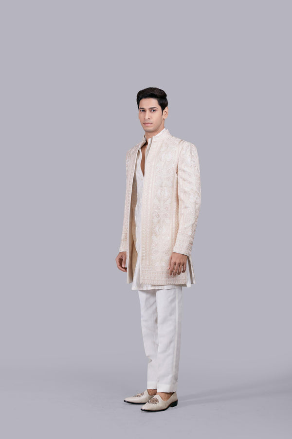 B More CREAM CHANDERI SILK THREAD WORK INDO WESTERN