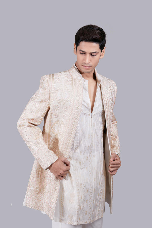 B More CREAM CHANDERI SILK THREAD WORK INDO WESTERN