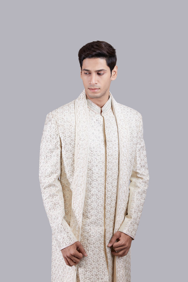B More CREAM CHANDERI SILK ZARI PITTA WORK SHERWANI