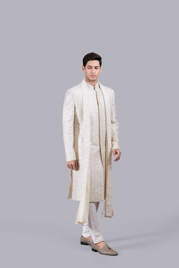 B More CREAM CHANDERI SILK ZARI PITTA WORK SHERWANI