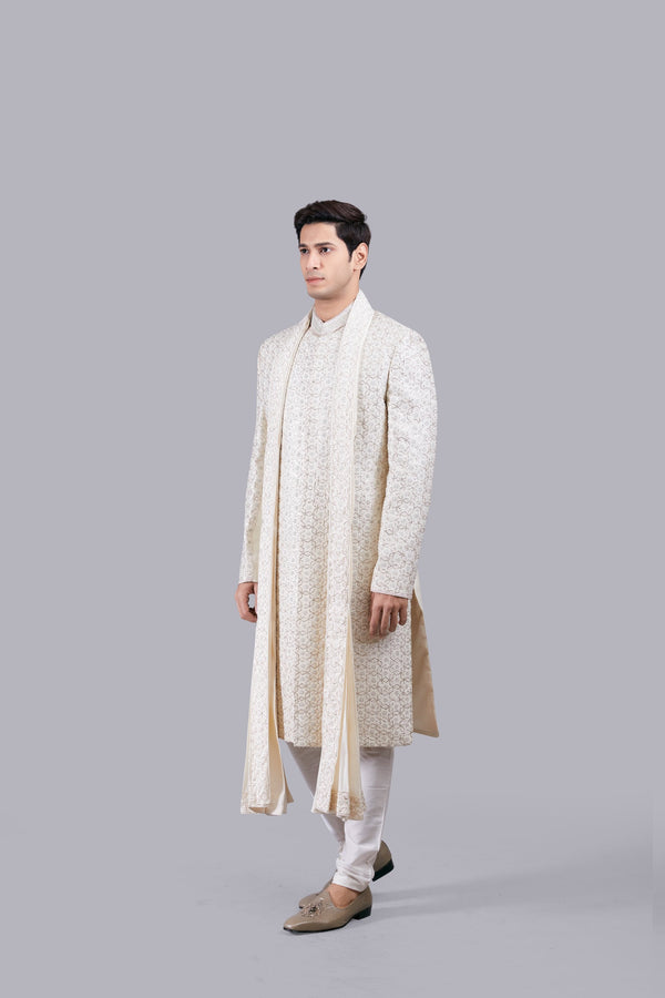 B More CREAM CHANDERI SILK ZARI PITTA WORK SHERWANI