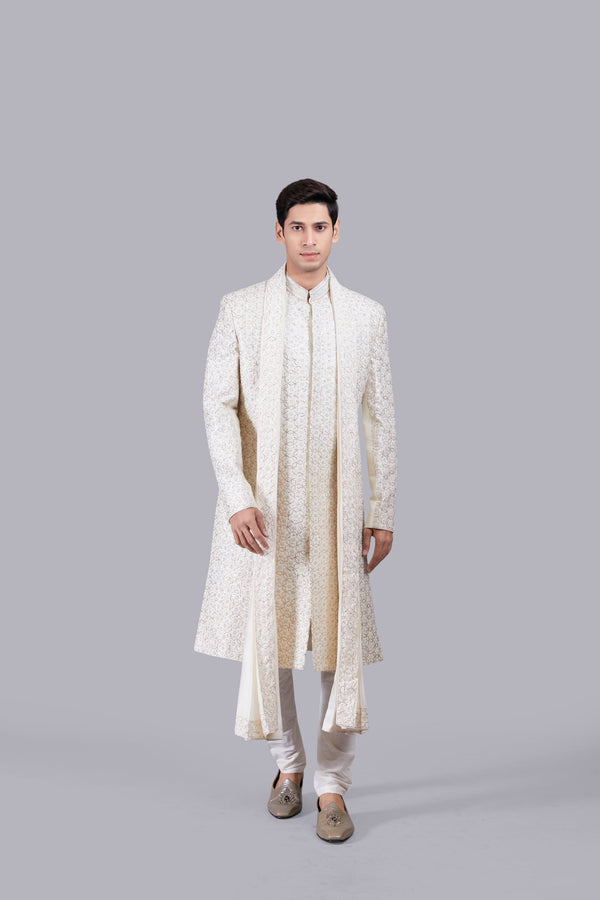 b more CREAM CHANDERI SILK ZARI PITTA WORK SHERWANI