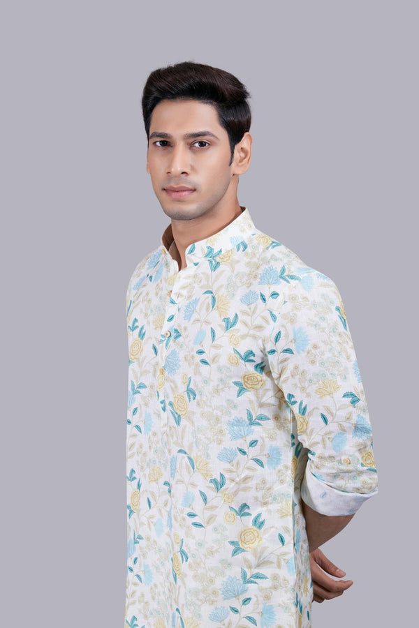 B More CREAM DIGITAL PRINT LINEN THREAD WORK KURTA SET