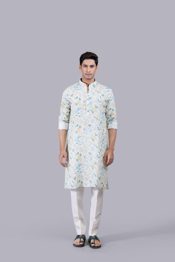 b more CREAM DIGITAL PRINT LINEN THREAD WORK KURTA SET