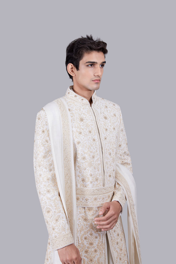 B More CREAM PURE BHAGALPURI SILK THREAD ARI WORK SHERWANI