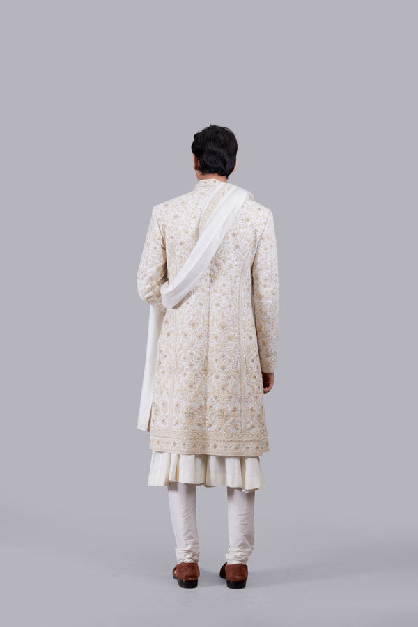 B More CREAM PURE BHAGALPURI SILK THREAD ARI WORK SHERWANI