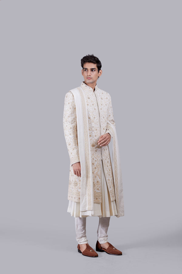B More CREAM PURE BHAGALPURI SILK THREAD ARI WORK SHERWANI