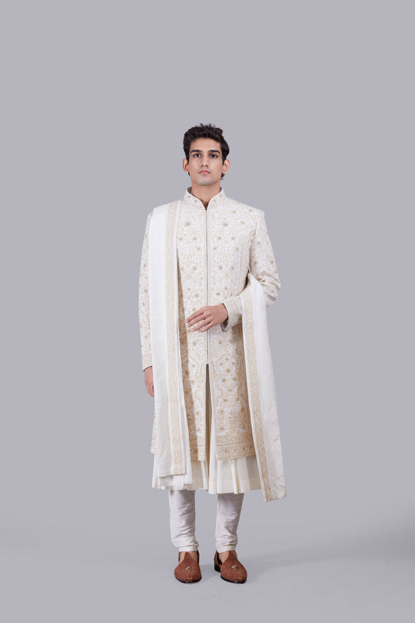 b more CREAM PURE BHAGALPURI SILK THREAD ARI WORK SHERWANI