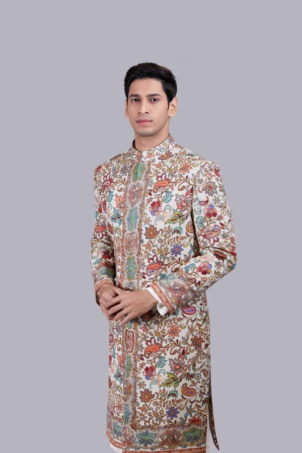B More CREAM PURE PASHMINA SILK THREAD WORK SHERWANI