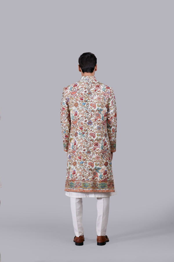 B More CREAM PURE PASHMINA SILK THREAD WORK SHERWANI