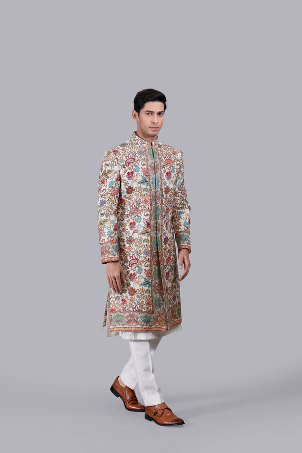 B More CREAM PURE PASHMINA SILK THREAD WORK SHERWANI