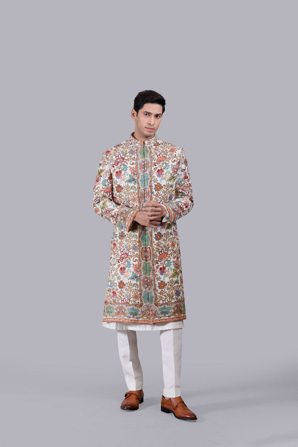 b more CREAM PURE PASHMINA SILK THREAD WORK SHERWANI