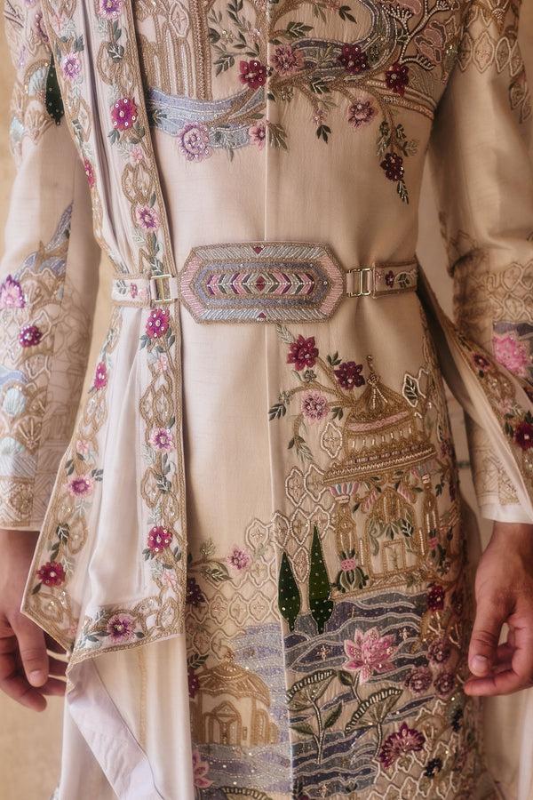B More Cream Raw Silk Cutdana Zardosi Work Sherwani