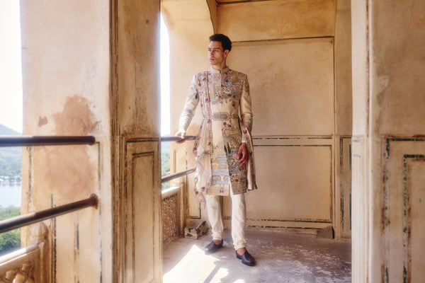 B More Cream Raw Silk Cutdana Zardosi Work Sherwani