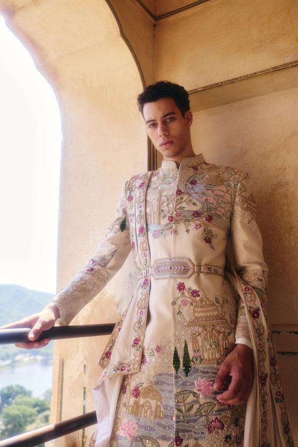 b more Cream Raw Silk Cutdana Zardosi Work Sherwani