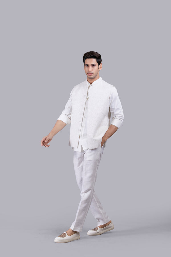 b more CREAM SILK COTTON SATIN THREAD WORK NEHRU JACKET