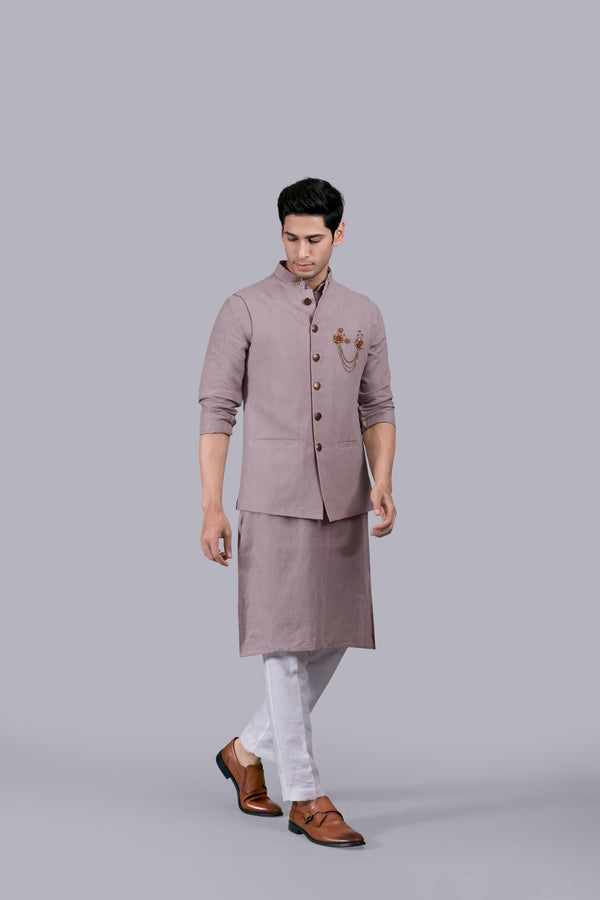 B More DUSTY LAVENDER LINEN WOODEN BROOCH NECK BUTTI BUNDI SET