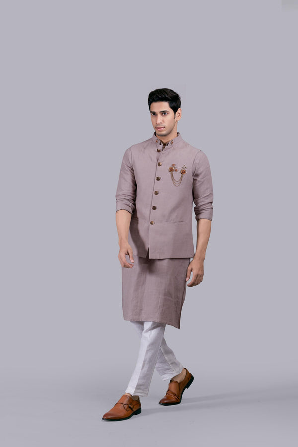 B More DUSTY LAVENDER LINEN WOODEN BROOCH NECK BUTTI BUNDI SET