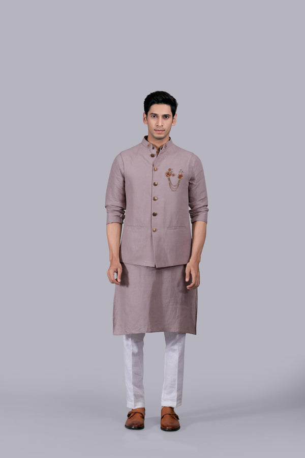 b more DUSTY LAVENDER LINEN WOODEN BROOCH NECK BUTTI BUNDI SET