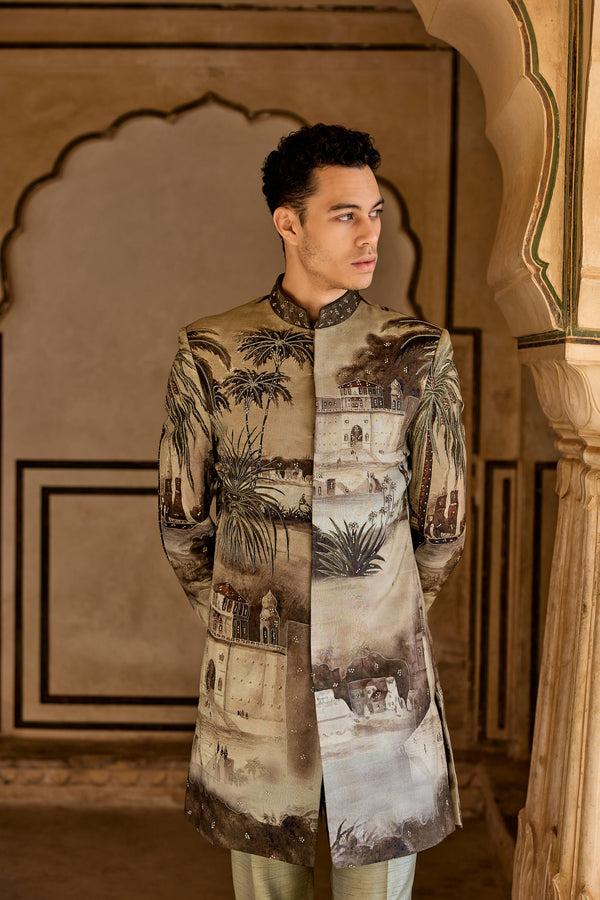 B More Green Pure Raw Silk Handpainted Kasab Zari Zardosi Work Indowestern