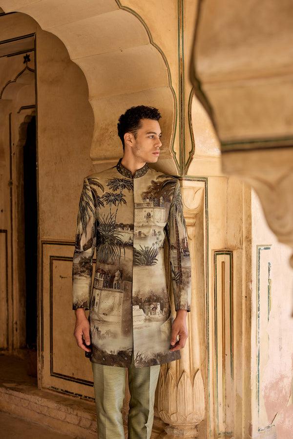 B More Green Pure Raw Silk Handpainted Kasab Zari Zardosi Work Indowestern