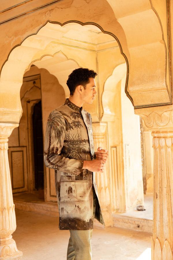 B More Green Pure Raw Silk Handpainted Kasab Zari Zardosi Work Indowestern