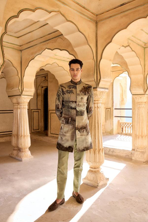 b more Green Pure Raw Silk Handpainted Kasab Zari Zardosi Work Indowestern