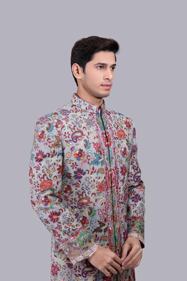 B More GREY PURE PASHMINA SILK THREAD WORK SHERWANI