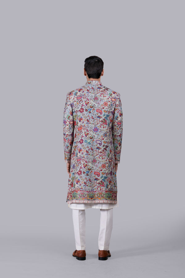 B More GREY PURE PASHMINA SILK THREAD WORK SHERWANI
