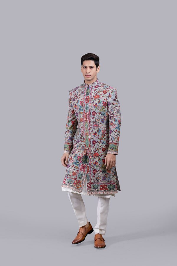 B More GREY PURE PASHMINA SILK THREAD WORK SHERWANI