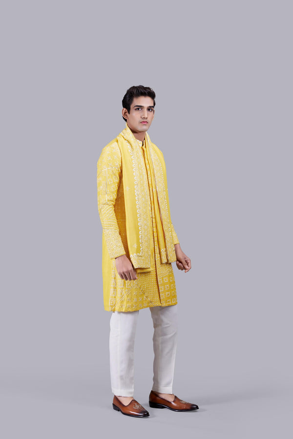 B More HAND PAINT YELLOW LINEN THREAD WORK KURTA SET