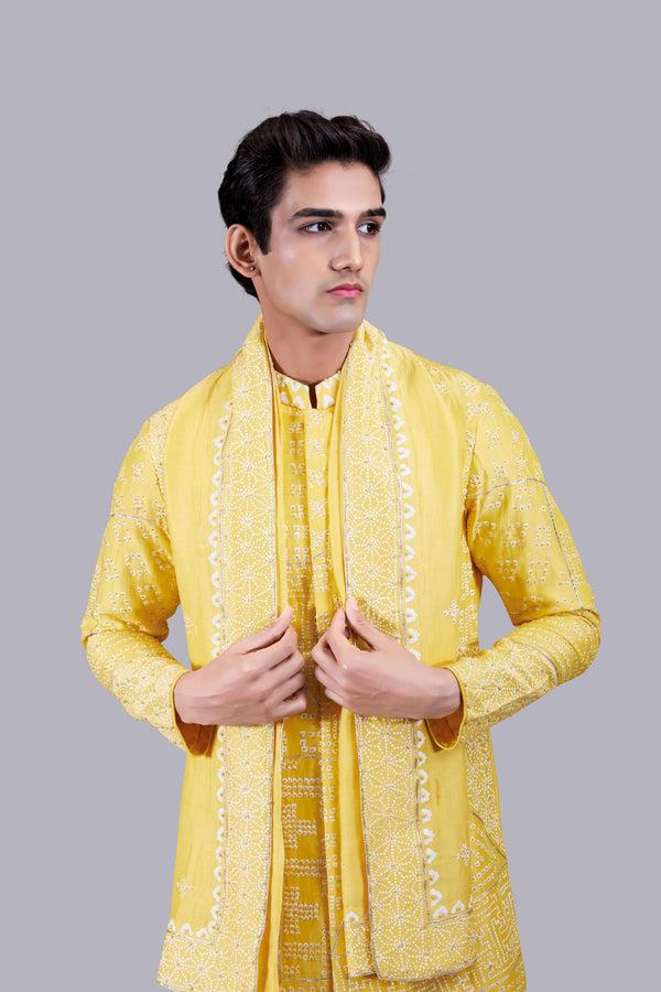 B More HAND PAINT YELLOW LINEN THREAD WORK KURTA SET